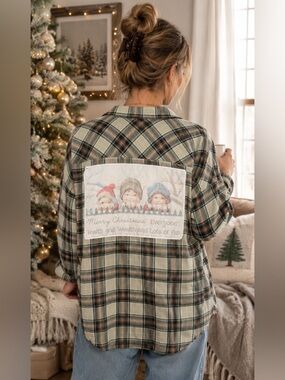 Wild Blue Sadie Robertson Green Plaid Back Patch Upcycled Christmas Shacket XL